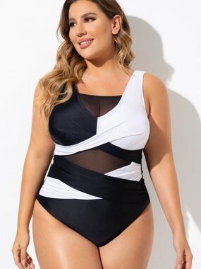 Meet Curve Plus Size One Piece Bathing Suit Summer Fashion Black And White XL